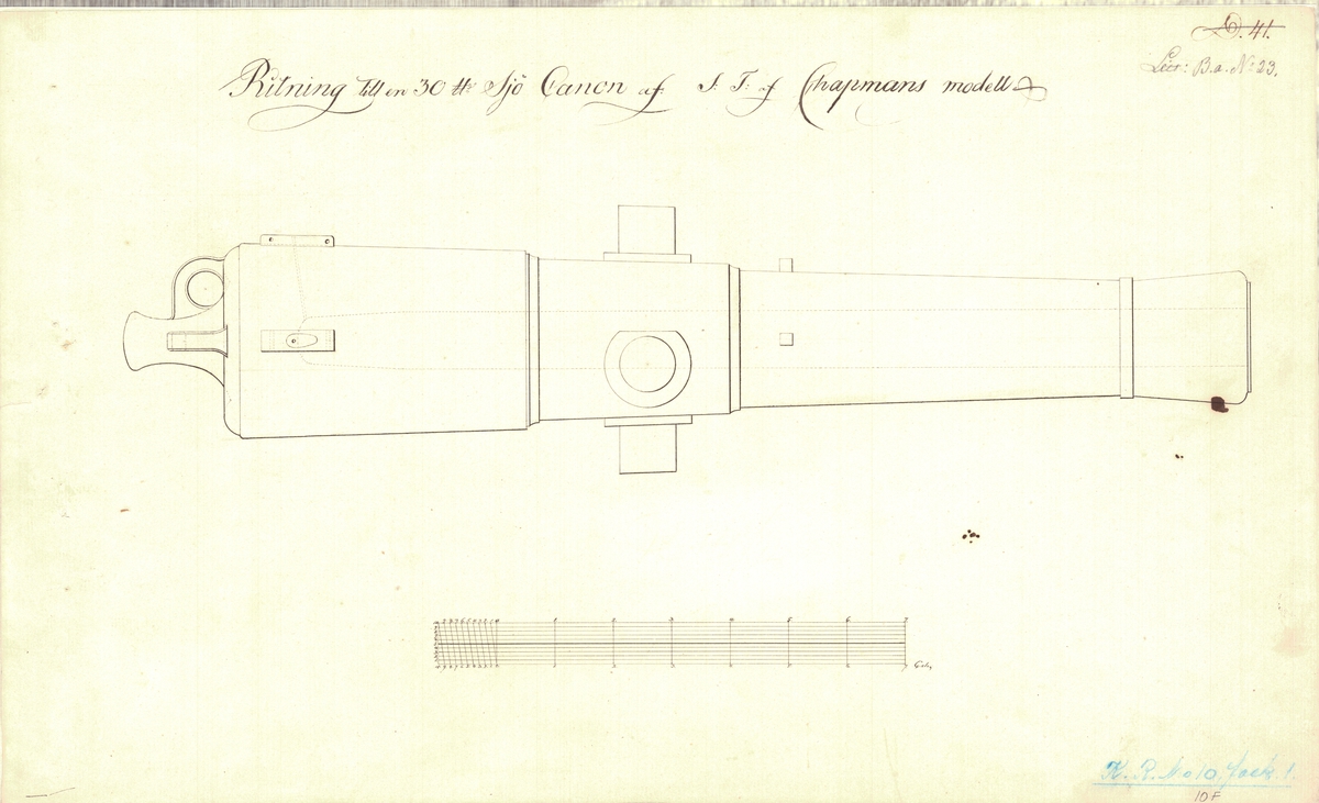 Ritning till 30-pundig sjökanon av Chapmans modell