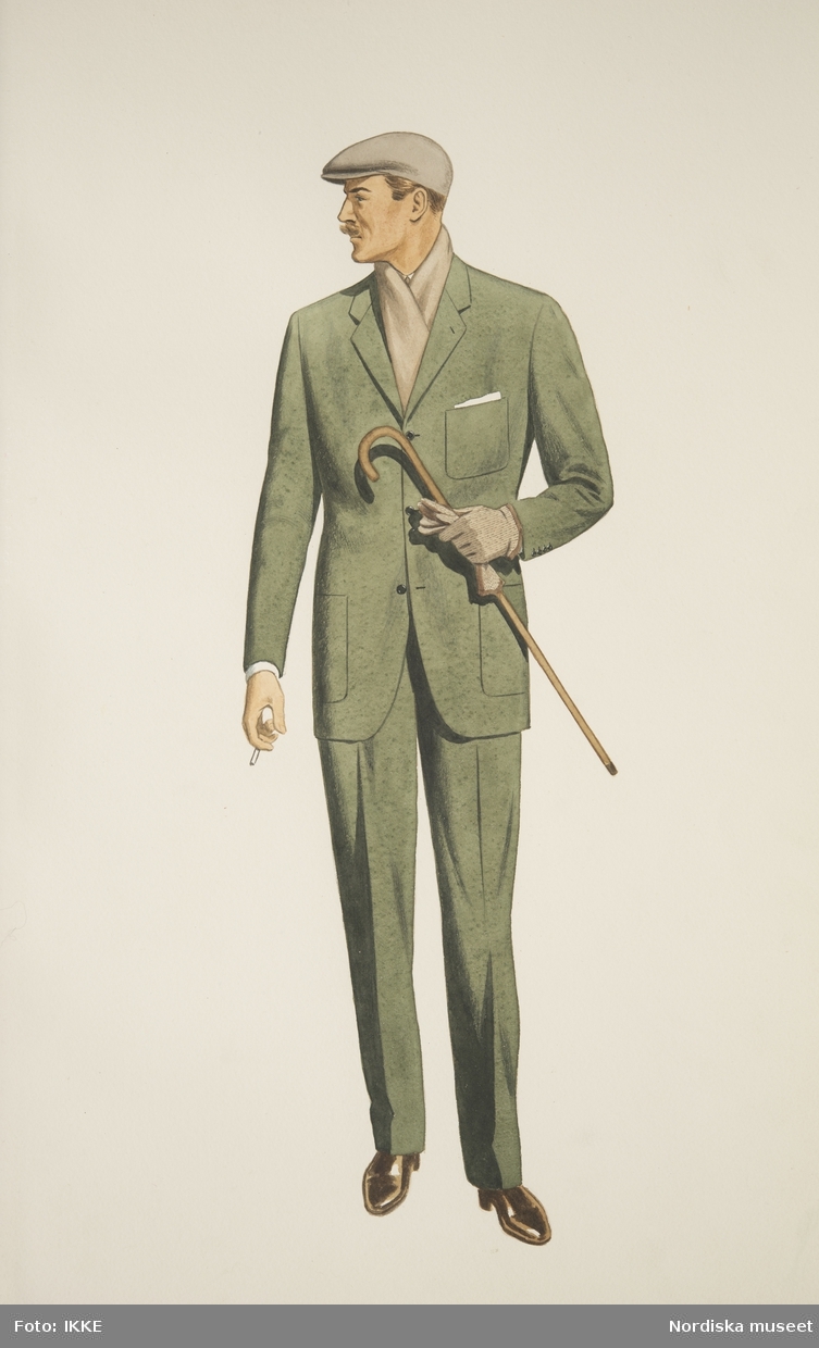 Modeteckning av man i grön kostym, beige keps, halsduk och handskar, käpp och cigarett i handen. Nordiska Kompaniets herrskrädderi.