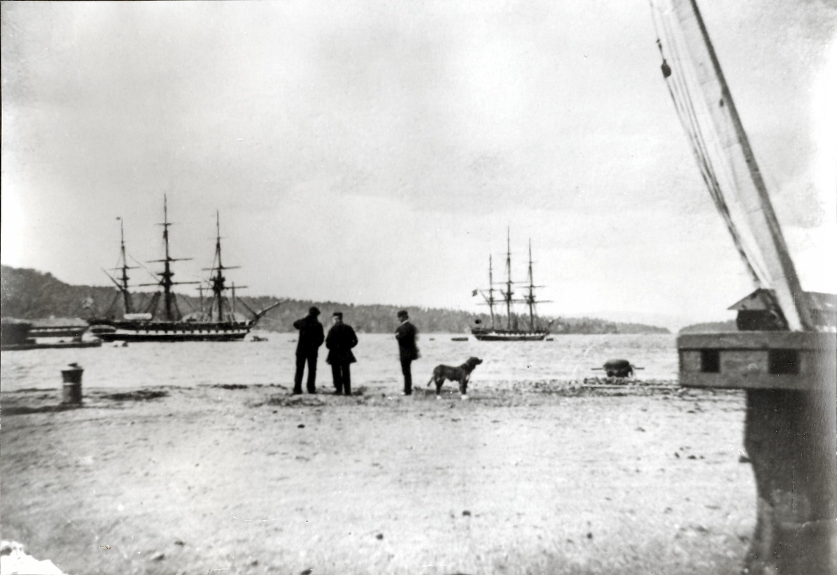 Motiv: Damkorvetten Noren og dampfregatten St.Olav for anker i indre havn, Horten 1873