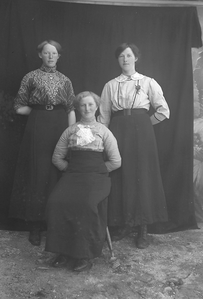 Portrett. Familiebilde. 3 kvinner. 3 søstre? Den ene kvinnen er litt eldre enn de 2 andre.Bildet er muligens tatt i Lofoten.