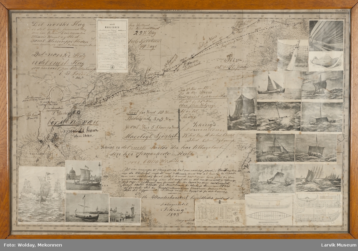 Magnus Andersens rute over Altlanterhavet med vikingskipet "Viking" 1893. Kart, tegninger og fotografier.