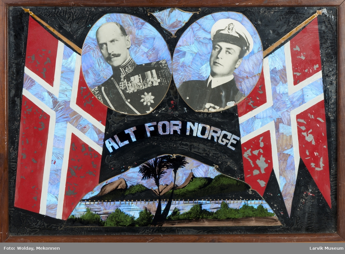 Motiv fra Rio, 2 norske flagg og bilder av Kong Haakon og Kronprins Olav. Svart bakgrunn