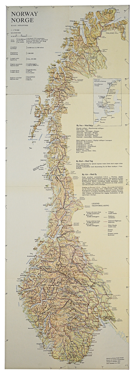 Avlangt kart over Norge med informasjon om transport til og fra landet via sjø, jernbane og fly.