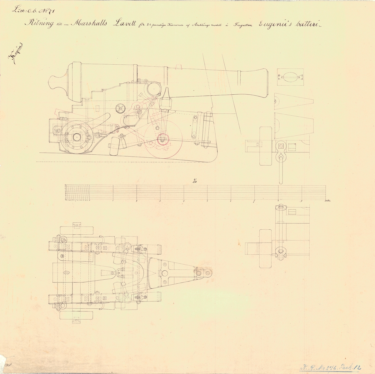 Ritning till en Marshalls lavett för 24 pundiga kanoner av Aschling modell å fregatten Eugenies batteri