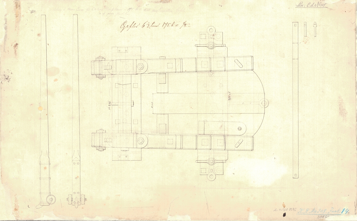 3 st ritningar visande kursörlavetter till 6Â½tums bombkanoner av 175 kg vikt för ångkorvetten Gefle