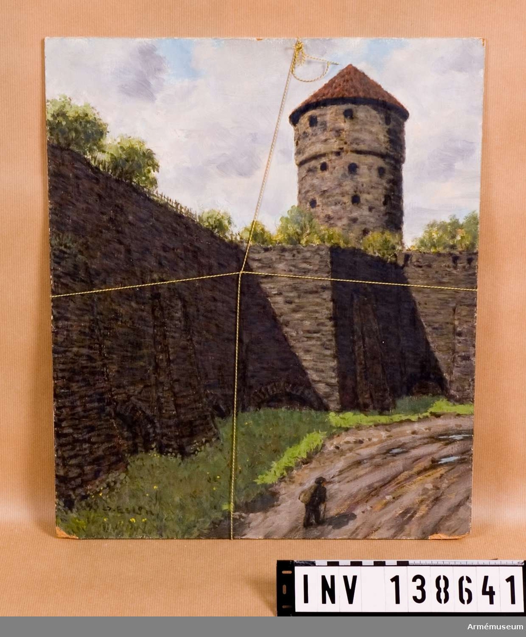 Oramad oljemålning föreställande fästningsvall med torn, av O. Eslon.