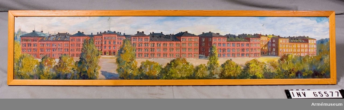Grupp M I.
Oljemålning från 1940-talet av Eslon, föreställande Svea och Göta livgarden kasernetablissement på Linnégatan.