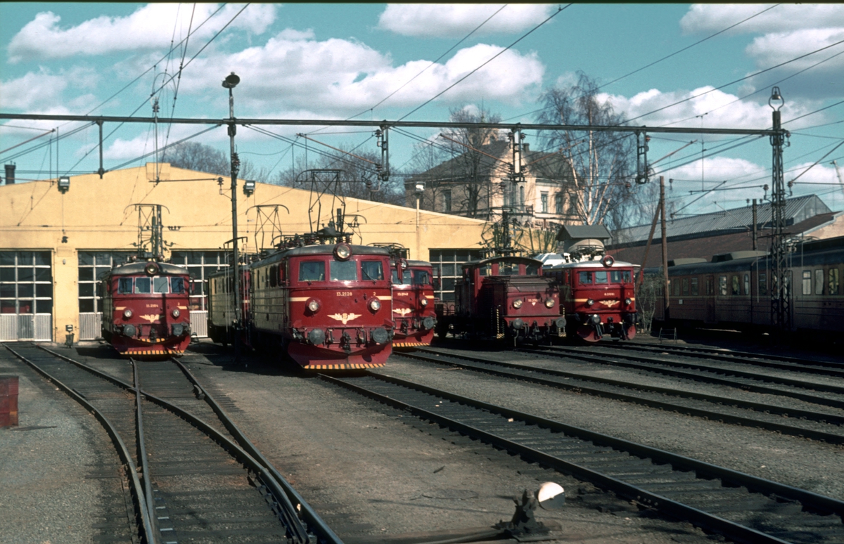 NSB lokomotivstall Oslo V, Filipstad. Elektriske lokomotiver, fra venstre: El 11, to El 13, El 13, El 10 og El 8.