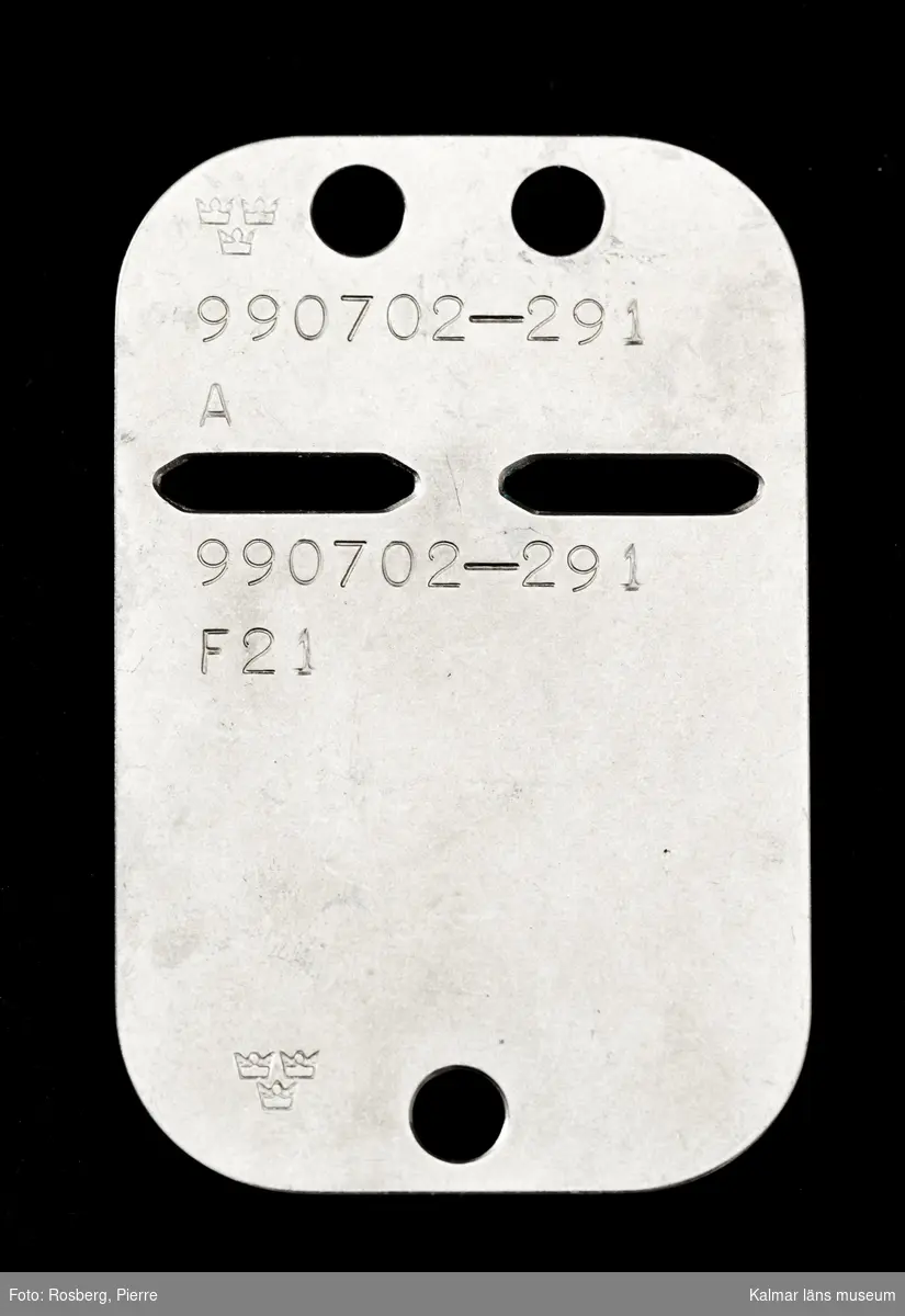 KLM 44531:21. Identitetsbricka av metall. För Flygvapnet. Märkt: 990702-291,  F 21.