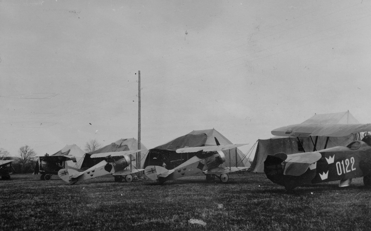 Flygplan Tummeliten 'Spader ess', 'Hjärter ess' samt flygplan Phönix C.I ur Flygkompaniet vid tälthangarer vid Stora Lund, Hästholmen, 1923.