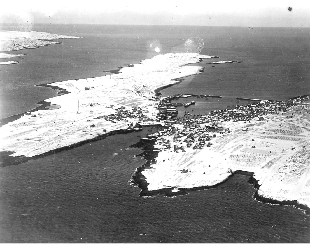Luftfoto,Vardø by  tatt fra ett fly. Landskap,  flere bygninger, havneområde med molo, snø på bakken. Hav foran og bak.