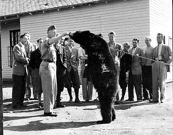 Gruppeportrett, flere personer står og studerer en levende bjørner. I forgrunnen en militær, i militæruniform, som instruerer bjørnen