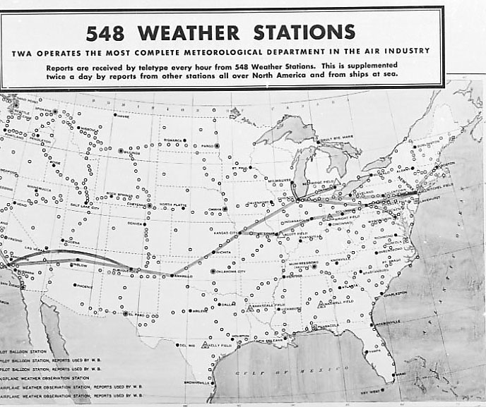 Div. reklame og opplysninger om TWA - illustrert med bilder, skisser og tekst. Kart - viser væærstasjoner.