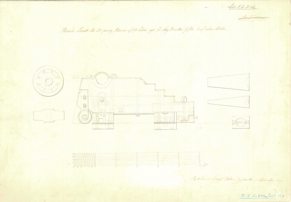 4 st ritningar till kursörlavett till 50 pundig kanon av 175 kulors vikt, för ångkorvetten Gefle.