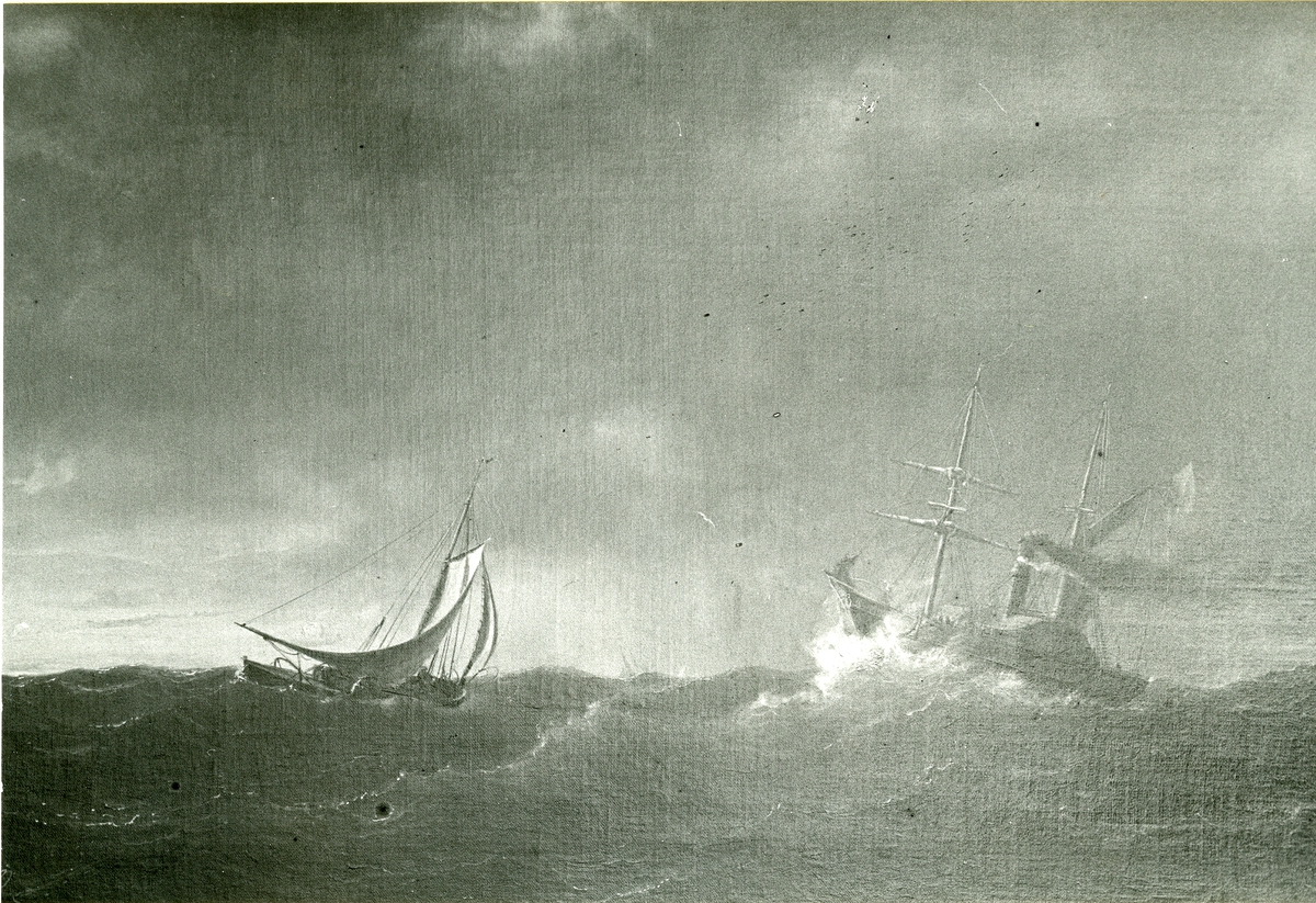 Stormig afton på havet. Oljemålning omkring 1850.
Storlek 63 x 101 cm.
