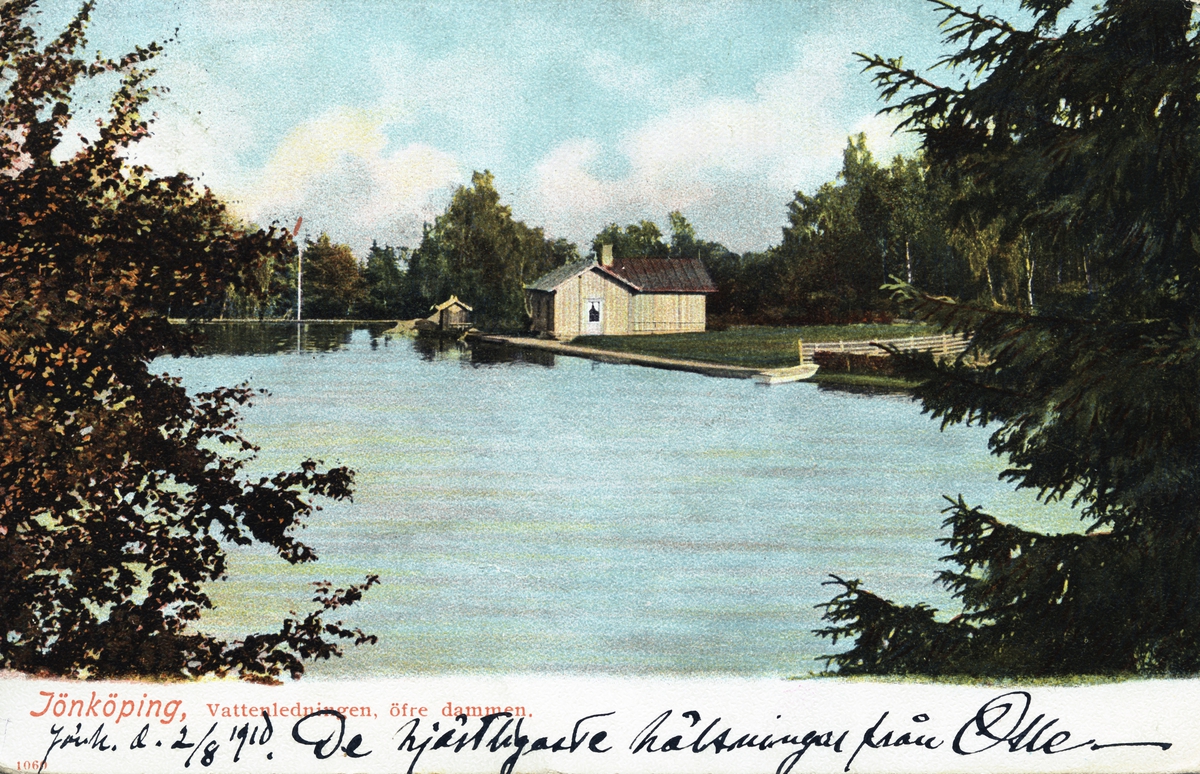 Övre dammen i Vattenledningsparken i Jönköping. Brevkort skickat 1910-08-02.