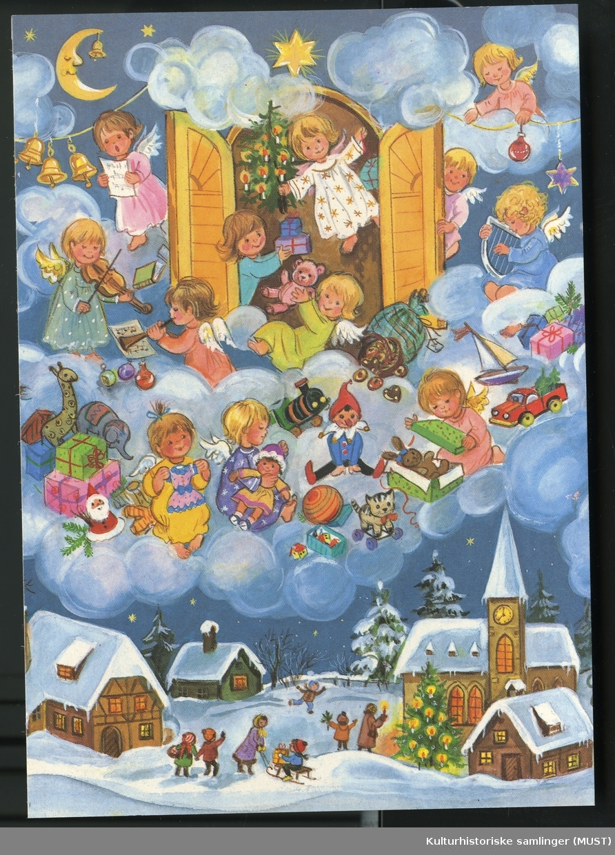 Jule og nyttårskort solgt fra Hustvedt.
Barn synger i skyene med gaver og instrument. Julebygd nedenfor
