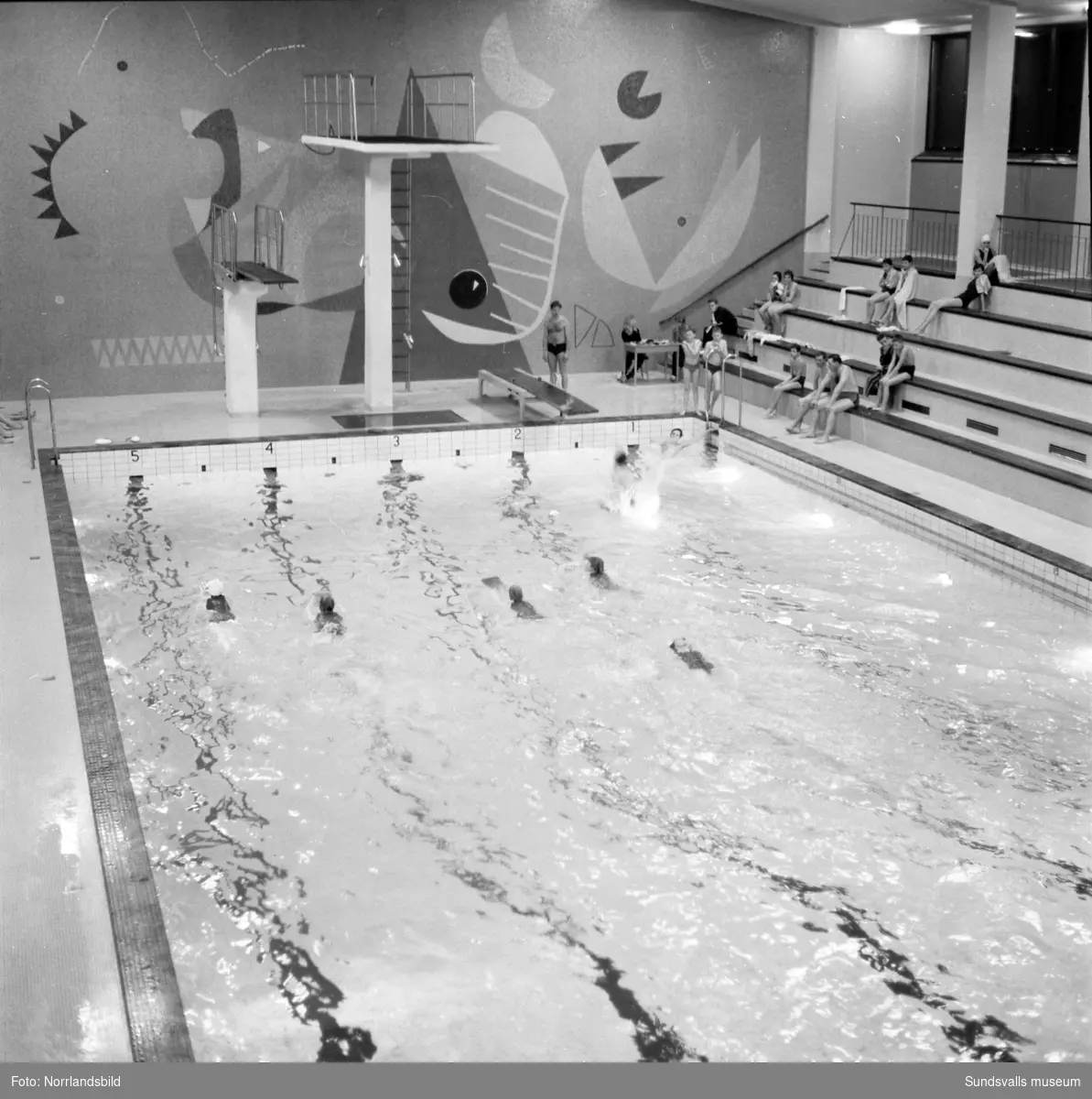 Bildserie från Timrå badhus med full aktivitet i såväl stora som lilla bassängen.