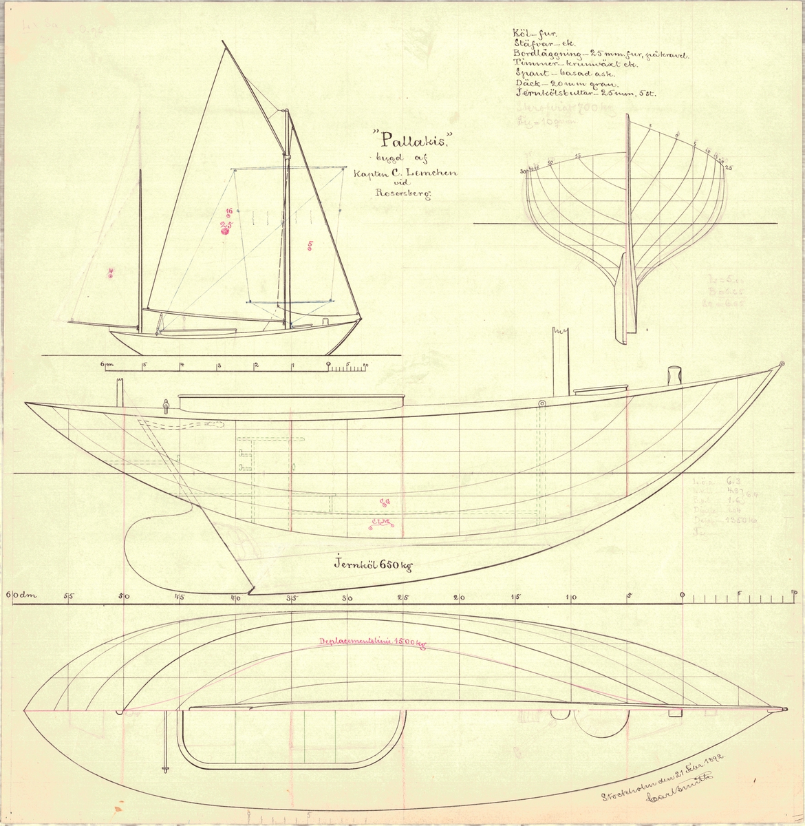 Enmastad segelbåt med gaffelrigg, ritad av Carl Smith för Cristoffer Lemchen
Linjeritning i plan och profil, skiss segelplan och spantruta