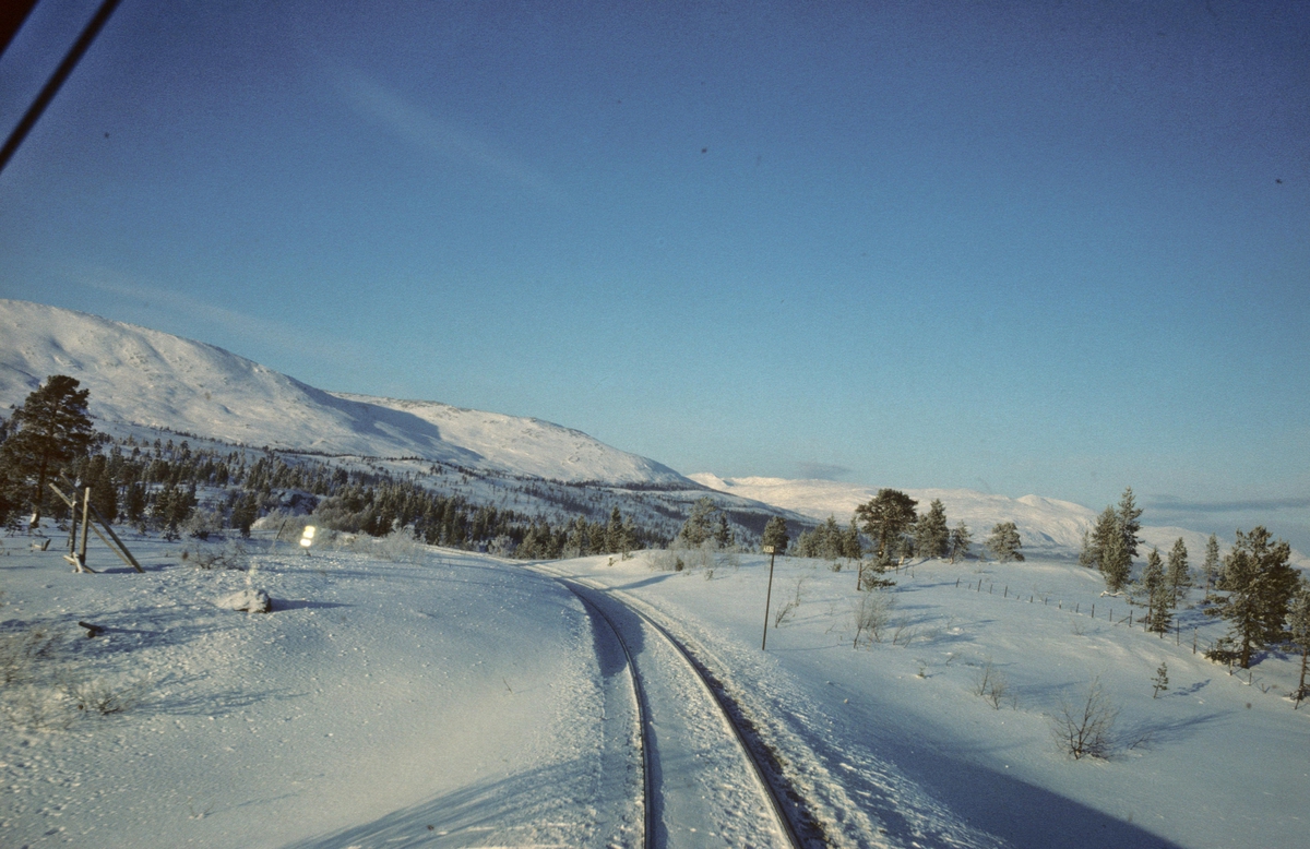 Utsikt fra lokomotivet i NSBs dagtog Trondheim - Bodø ved Sefrivatn.