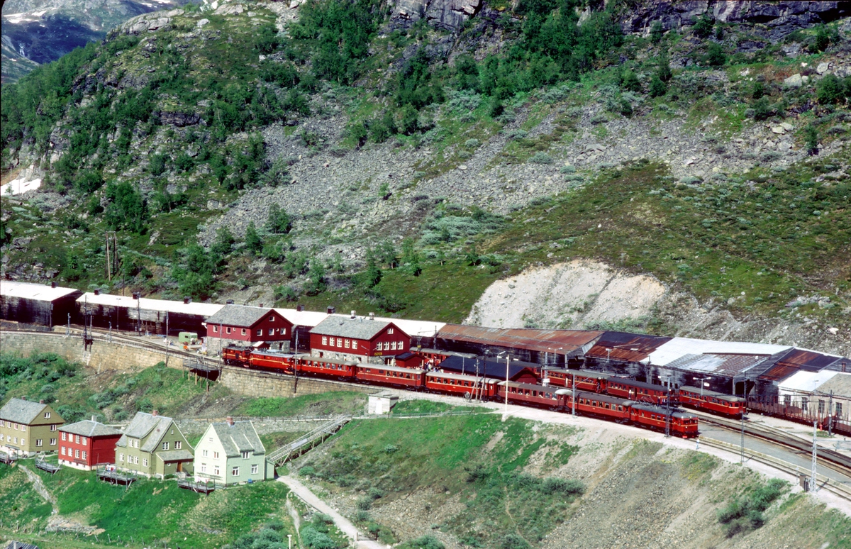 Myrdal stasjon med tog til Flåm og Bergen. Toget til Flåm har El 9 som ekstra forspann- og El 11 som forspannlokomotiv. Bakerst går en motorvogn type BM 64. toget til Bergen kjøres med motorvognsett type 67.