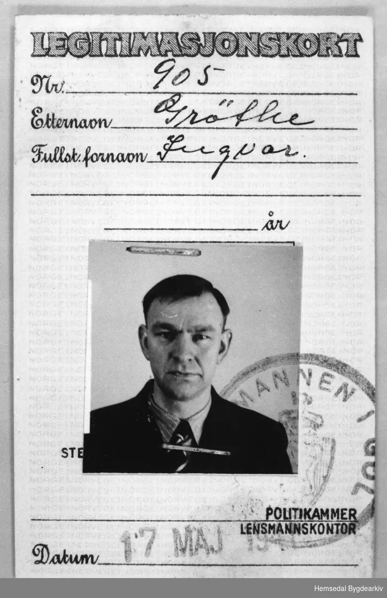 Legitimasjonskort Nr. 905. Grøthe, Ingvar. 17. mai 1941