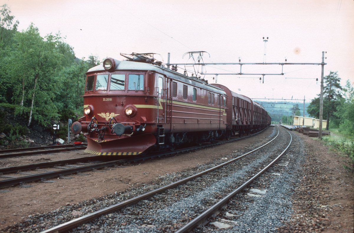 Godstog 5165 (Alnabru - Roa) med elektrisk lokomotiv El 11 2091 i Stryken stasjon.