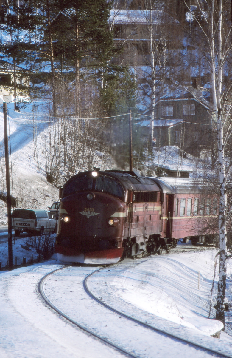 NSB persontog 281 på vei inn mot Fagernes stasjon. Dieselelektrisk lokomotiv Di 3 633.