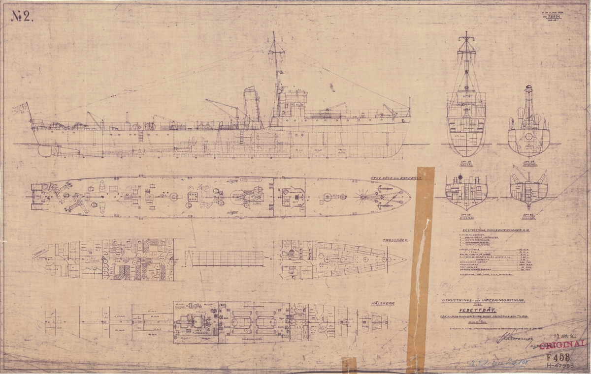 Sammanställningsritning, utrustnings- och inredningritning för vedettbåt som blivit fastställd 21 november 1930