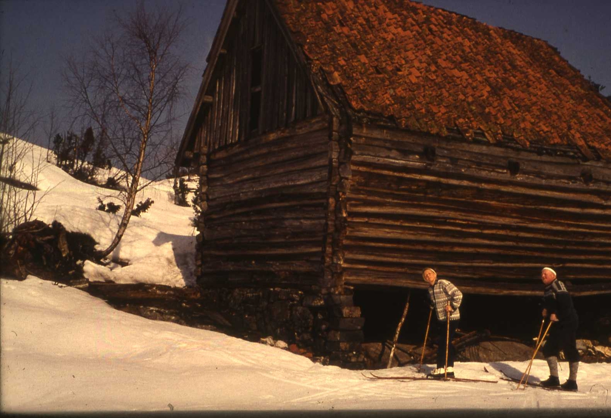 Kvinne og mann på skitur ved uteløa på  Berg.
Trolig Einar og Ragnhild Brubakken.