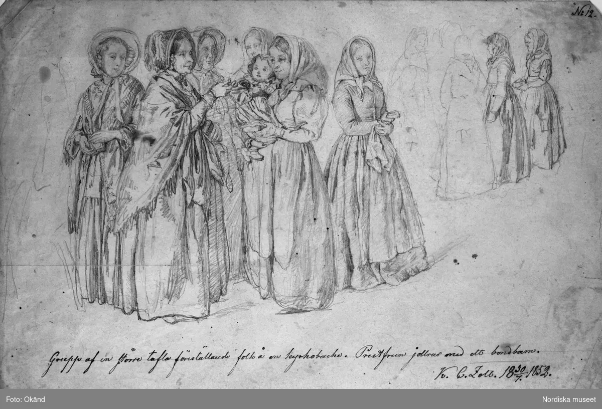 Foto av folklivsscen från kyrkbacke, teckning av Kilian Zoll, signerad och daterad 30/7 1852. "Prestfrun jollrar med ett bondbarn."