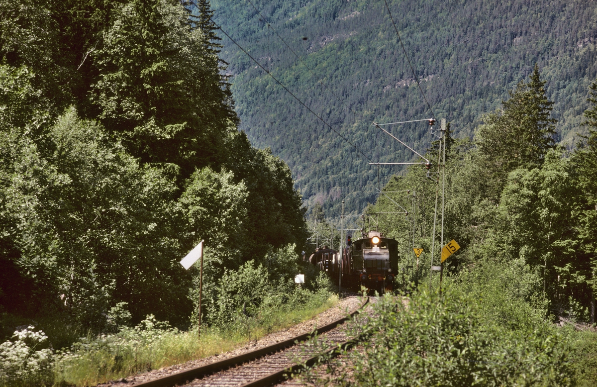 Rjukanbanen. Vestfjorddalen. Godstog Rjukan - Mæl ved Miland. Elektrisk lokomotiv RjB 14 (NSB El 1 2001). Norsk Hydro, Norsk Transportaktieselskap, Norsk Transport.