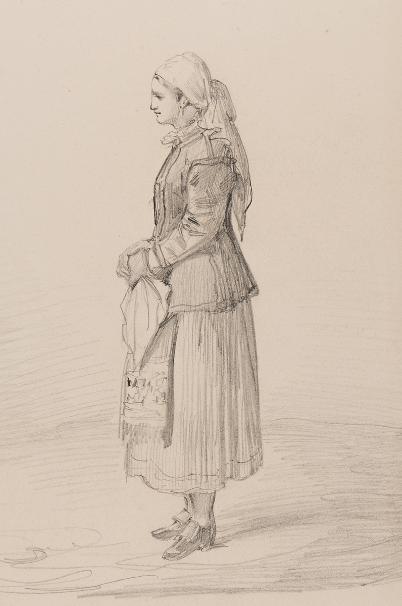 Blyertsteckning av H Mörner, 1835. Kvinna i dräkt i helfigur i profil.