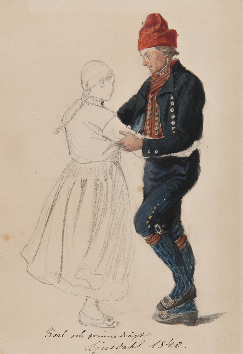 "Karl och qvinnodrägt, Ljusdahl 1840" Blyerstskissad kivnna och akvarellerad man som dansar. Akvarell av J.W Wallander.