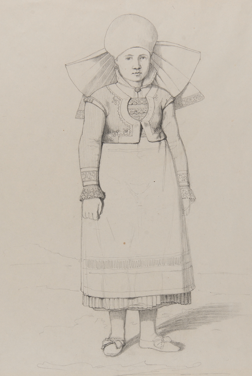 Blyertskiss av kvinna i dräkt. Blyetsteckning  i storformat av Otto Wallgren