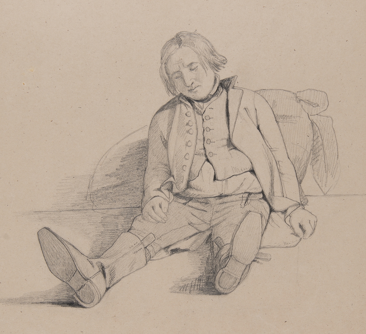 "Bonde från Bosarp" Man i helfigur i dräkt sittande  sovandes mot en vägg. Blyertsteckning i storformat av Otto Wallgren.