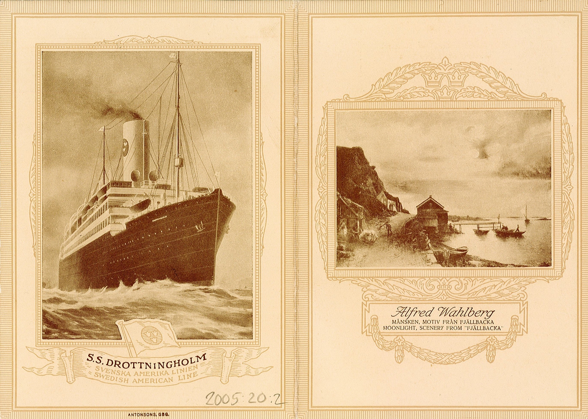 Tryck meny för SS Drottningholm för Andra klass. måndagen den 14 juni 1924. På framsidan reproduktion av Alfred Wahlbergs "Månsken, motiv från Fjällbacka". På baksidan bild av S. S. Drottningholm.