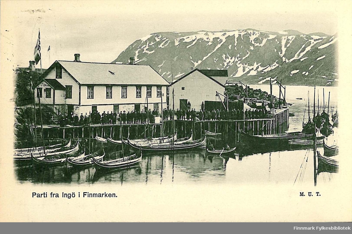 Postkort med motiv fra Ingøy. Korter er sendt i desember 1906 og er en jule- og nyttårshilsen til Arthur og Kirsten Buck på Hasvik.