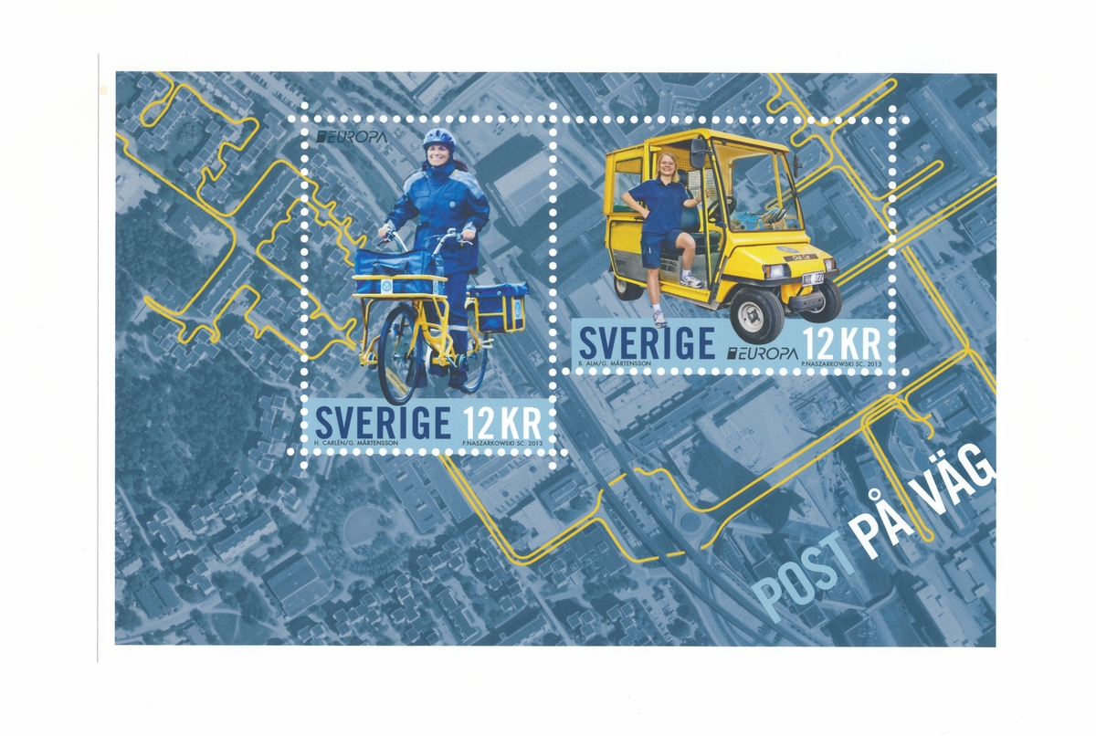 Förlaga från 2013 som visar brevbärare med de klimatsmarta postfordonen cykel och elbil.