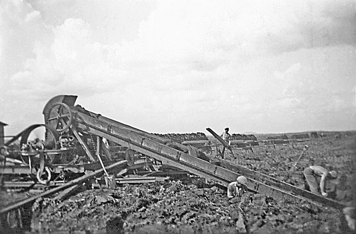Anderstorps Stormosse ca 1945. Torvtäkt bedrevs här under andra världskriget. Några män arbetar vid en Torvmaskin, observera linbanan.