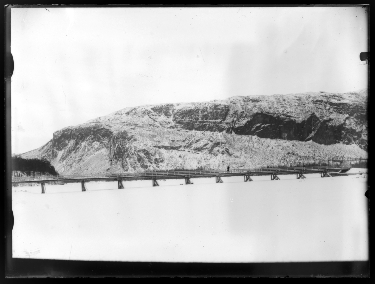 Her er et bilde av Tangen bro i Alta tatt om vinteren. Et lignende bilde er tatt om sommeren. Se 82019-001. Dette bilde er nesten helt likt -002.  Avd. ing. Thomas Fredrik Weiby Barth jobbet i Statens vegvesen i Finnmark fra 1899 til 1904.  Bildet er tatt i denne perioden.
