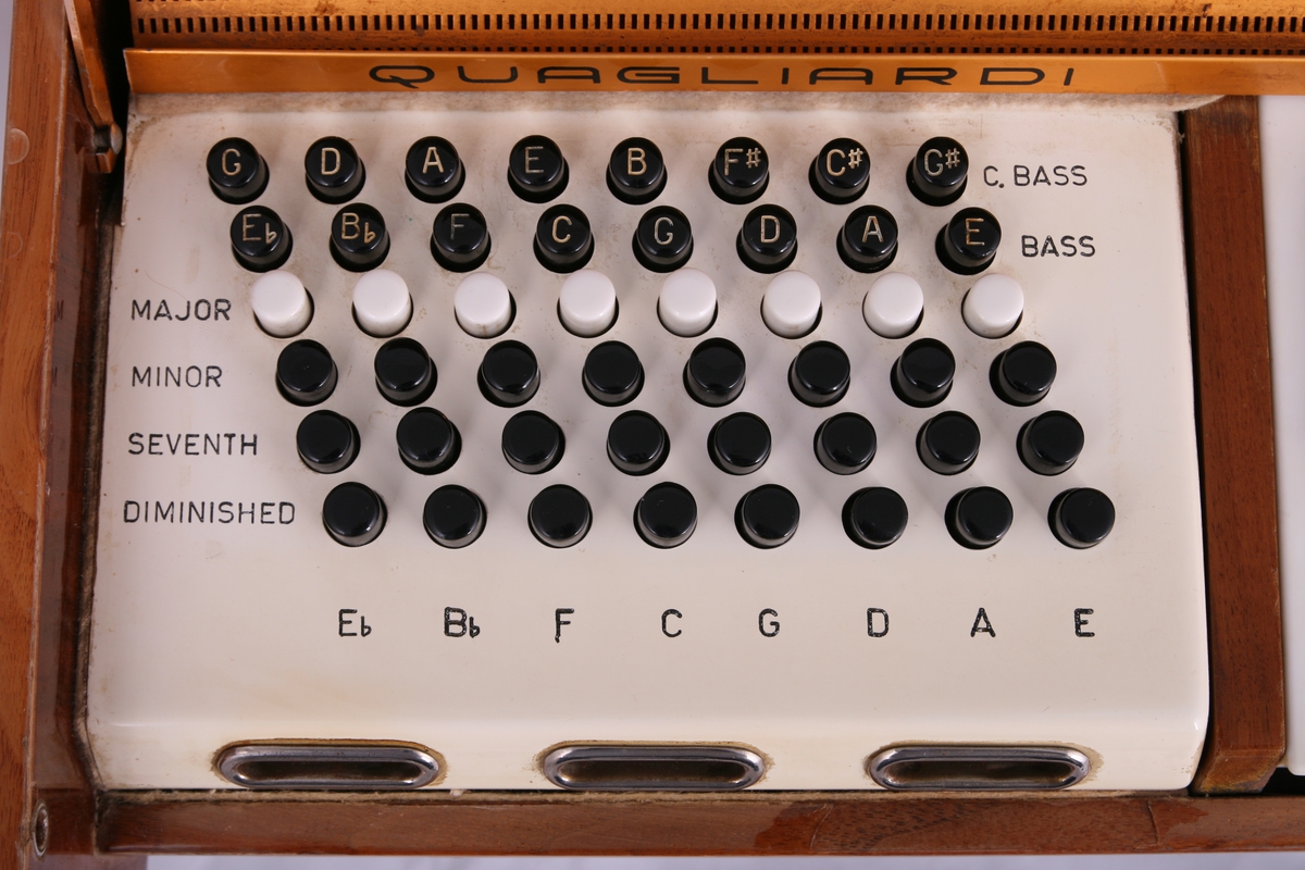 Elektrisk akkordorgel av firmaet Quagliardi med 34 tangenter og 48 akkordtaster. Kasse i tre. Lokket fungerer også som notestativ