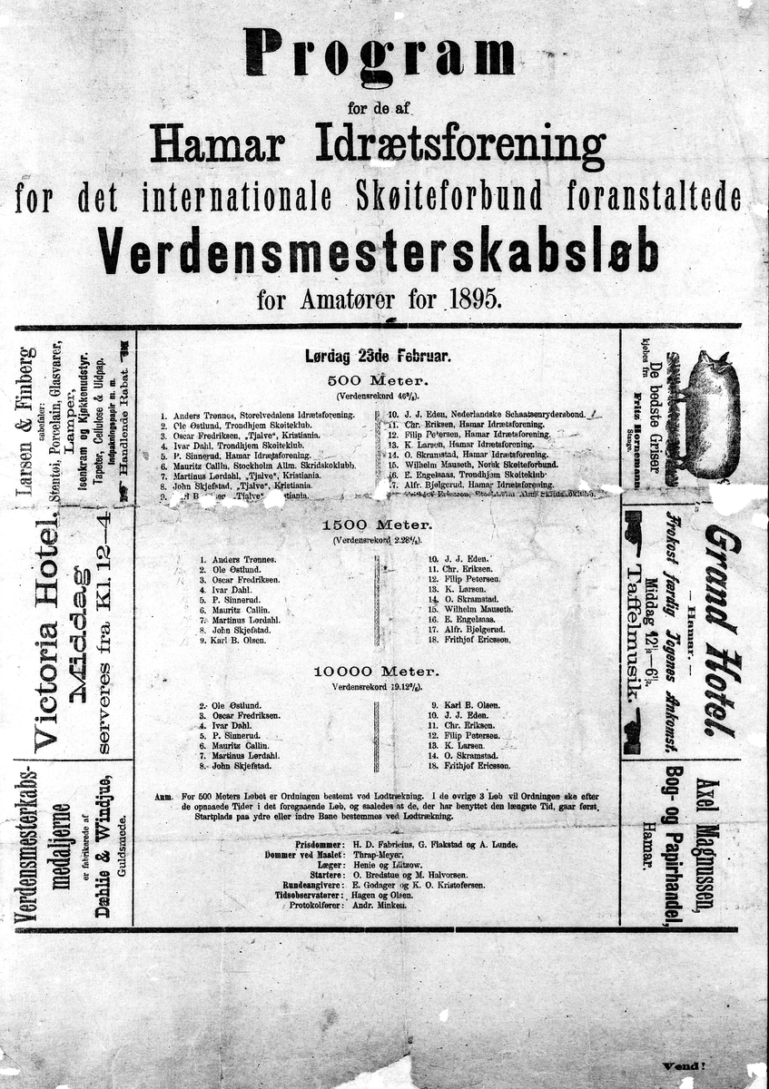 Hamar, verdensmesterskap på skøyter 1895 for amatører, VM skøyter, program med deltakere, arrangør Hamar Idrettsforening, 


