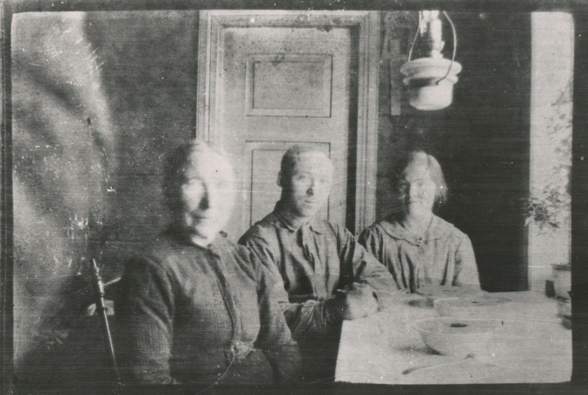 Gruppefotografi av ei eldre kvinne, en ung mann og ei ung kvinne ved bordet i ei stue. På bordet står det tallerkener med grøt.