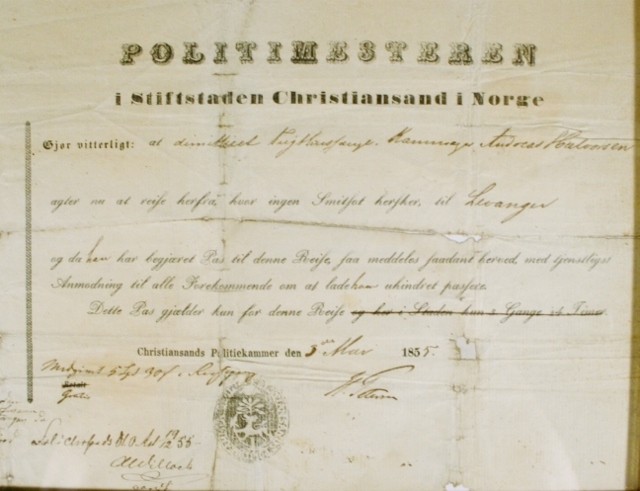 Reisetillatelse fra politimesteren i Kristiansan, datert 1855
