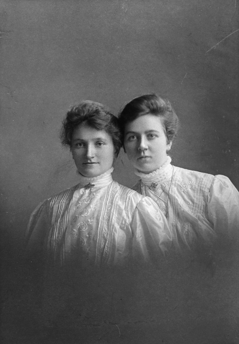 Portrett av søstrene Andrea (t.v, gift Grønning) og Emma Kaspara Wicander (t.h., gift Lein). De er kledt i hvite bluser med broderi med høy hals og små brosjer i. Søstrene emigrerte til Amerika og giftet seg der.