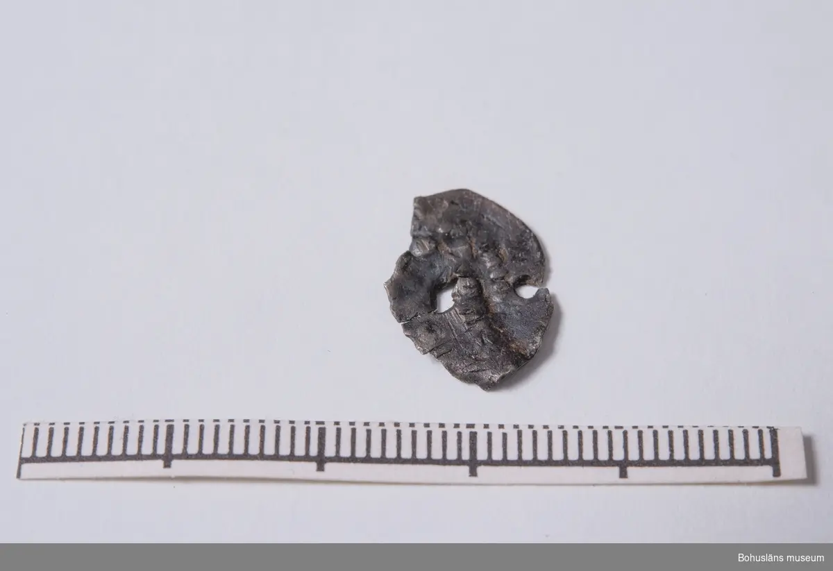 Del av silvermynt (<50% bevarat), Kejsar Heinrich II av Tyskland, präglat i Deventer (ort i nuvarande Nederländerna) år 1014-1024 e Kr (Dbg 563). Ett ganska vanligt myntfynd i Sverige (ca 600 kända) enligt myntexpert Kenneth Jonsson, KMK (e-mail 2019-07-06).
I kanten av myntet syns ett mindre "stansat" hål, antagligen till för att myntet skall (sekundärt) kunna användas som hänge/prydnad.

För mer info se även C-uppsats i arkeologi vid Stockholms universitet, av Anna Wåtz (1992): Vikingatida tyska mynt. En analys av mynt präglade i Deventer.