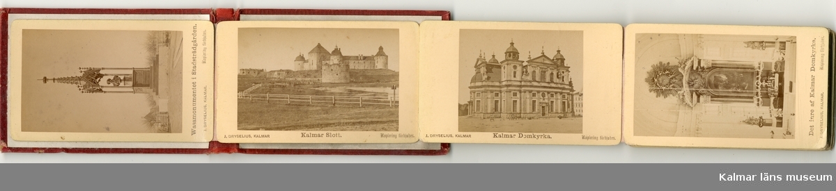 KLM 25416. Album, fotoalbum. Rött linneband med text och ramverk i guld: Kalmar. Innehåller 12 fotografier från omkring år 1880 med motiv från Kalmar.