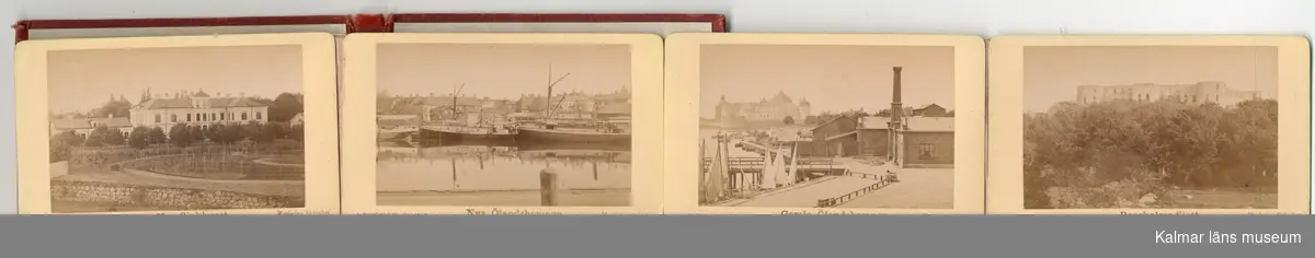 KLM 25416. Album, fotoalbum. Rött linneband med text och ramverk i guld: Kalmar. Innehåller 12 fotografier från omkring år 1880 med motiv från Kalmar.