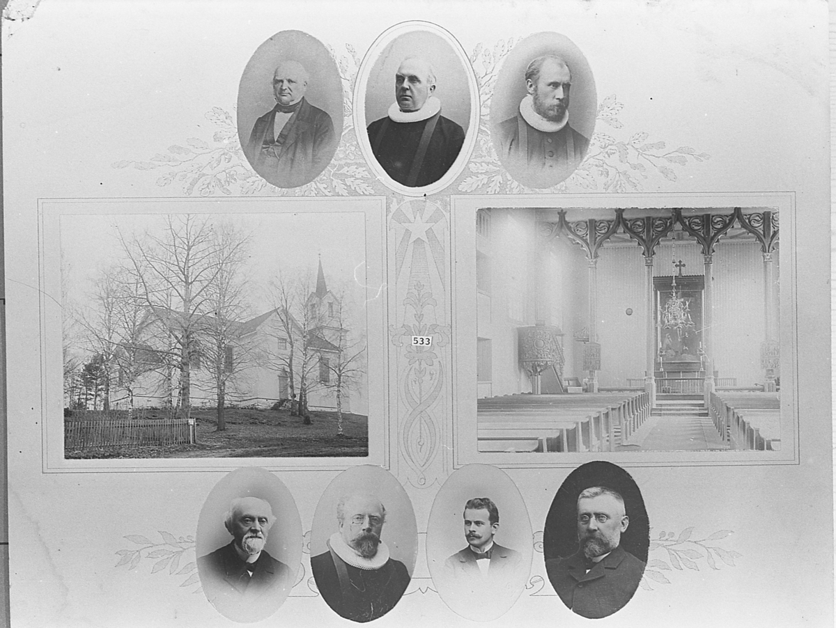 Holmen kirke med portretter av prester og kapellaner. Montasje eller albumblad, antagelig rundt 1917-20.